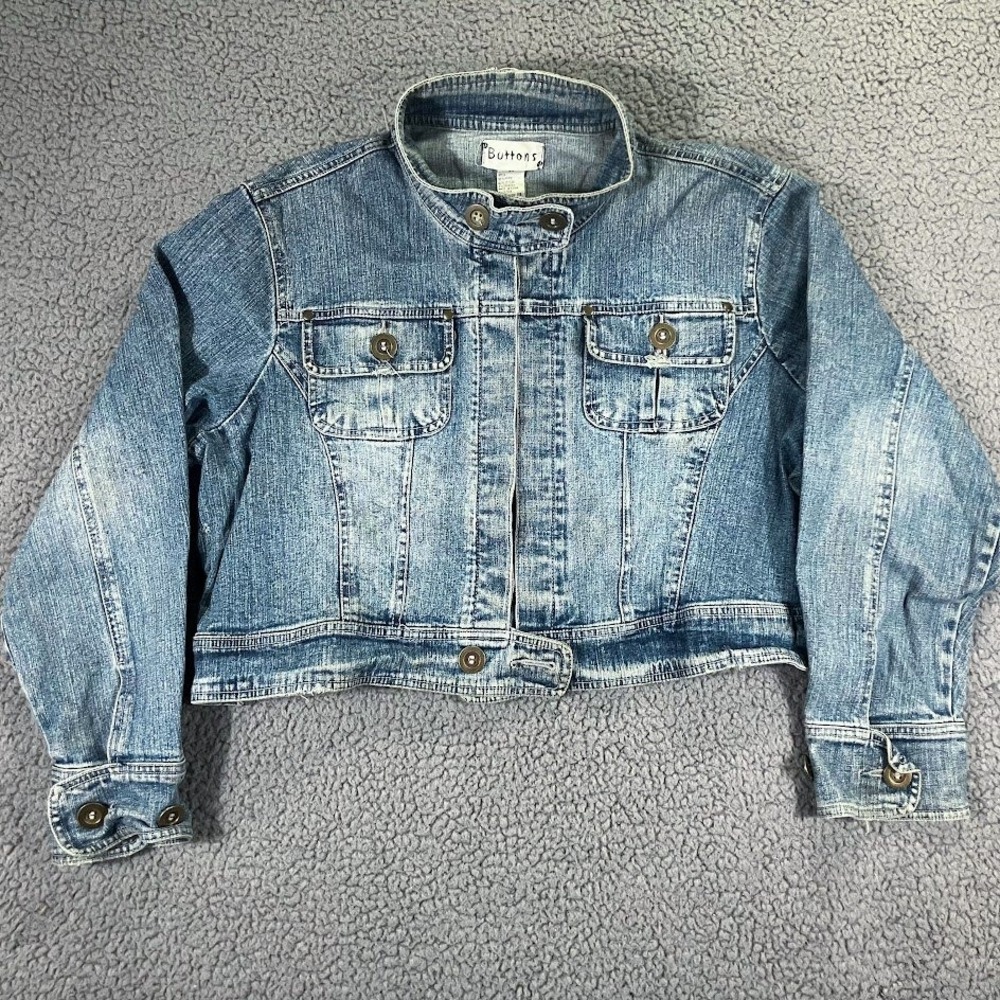 Buttons Cropped Denim Jacket Plus Size 3X Blue Medium Wash Utility Y2K